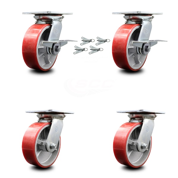 Service Caster 6 Inch Poly on Cast Iron Caster Set with Roller Bearing 4 Swivel Lock 2 Brake SCC-35S620-PUR-RS-SLB-BSL-2-BSL-2 - main